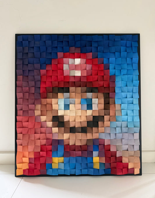 Handmade wooden pixel art inspired by Mario